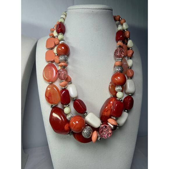 3 fire red orange pink statement bib flower floral bling enamel necklaces bundle - Picture 4 of 11